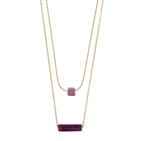 Collier double rang, cube et cylindre agate noire, acier doré