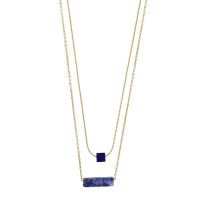Collier double rang, cube et cylindre agate noire, acier doré