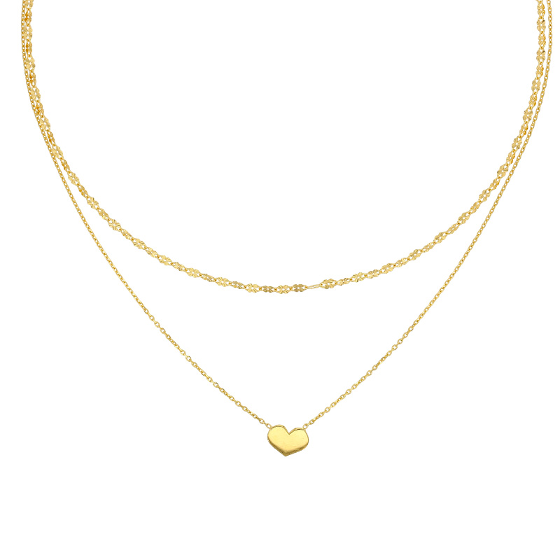 Collier double rangs maille fleur et un coeur lisse en argent 925/1000 doré