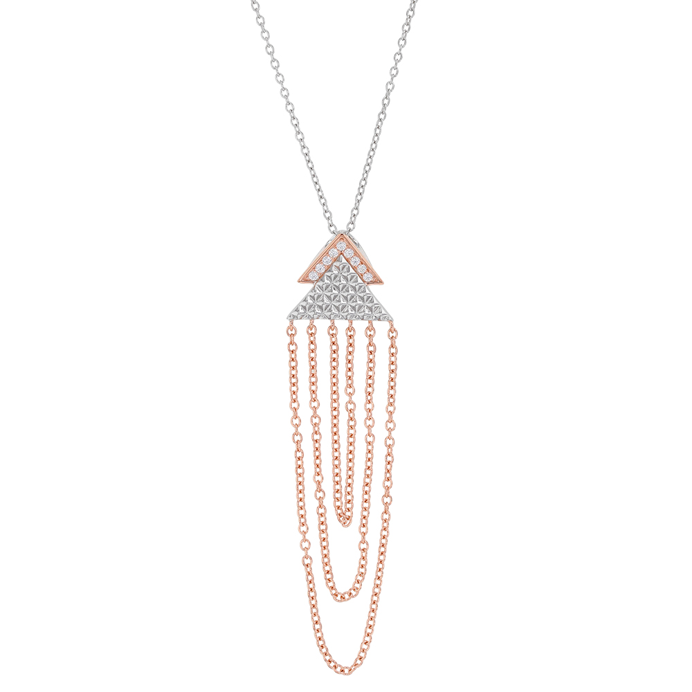 Collier double triangles dont 1 empierré, duo de chaînes en argent 925/1000 rhodié et doré rose