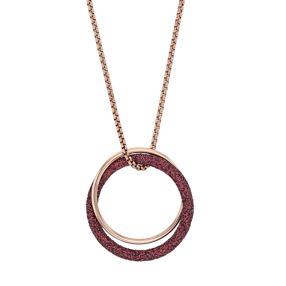 Collier en acier doré rose avec doubles ronds dont un recouvert de paillettes prunes