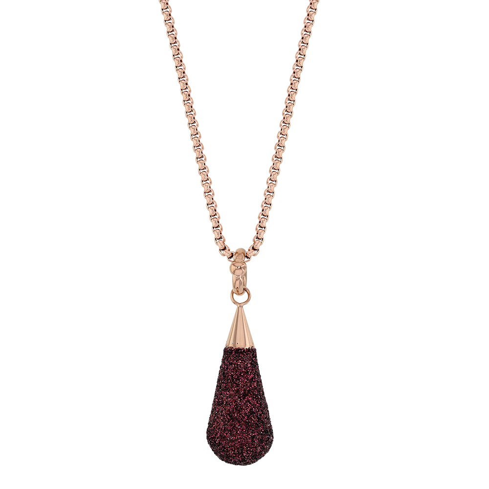 Collier en acier doré rose avec pendentif goutte d'eau pailletée prune