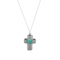 Collier en argent 925/1000 orné d'une croix en turquoise véritable