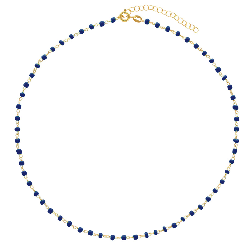 Collier en argent 925/1000 doré avec perles de verre bleu marine