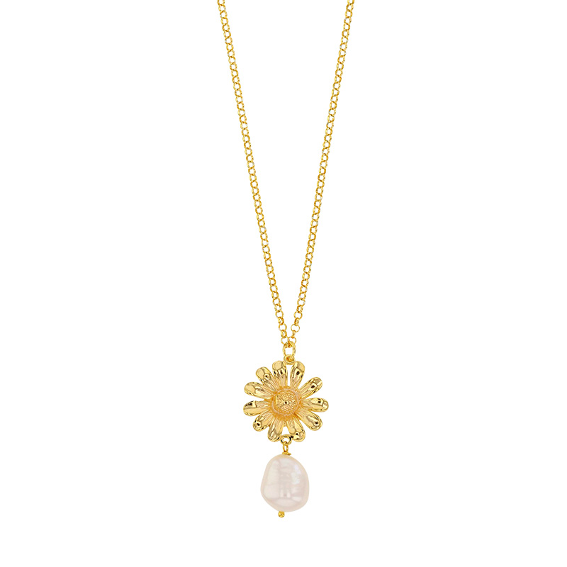 Collier en argent 925/1000 doré fleur et perle synthétique