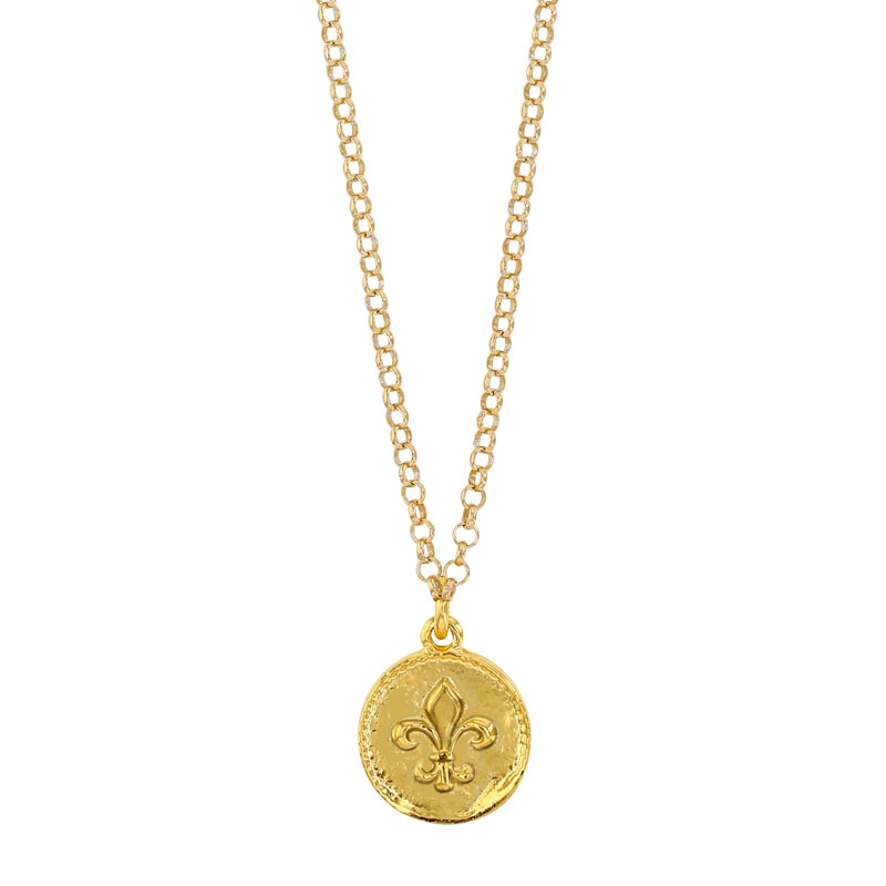 Collier en Argent 925/1000 doré motif rond avec Fleur de Lys