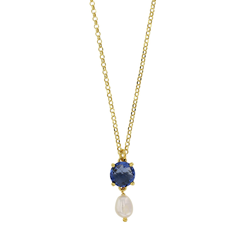 Collier en argent 925/1000 doré serti d'un verre bleu saphir et perle synthétique