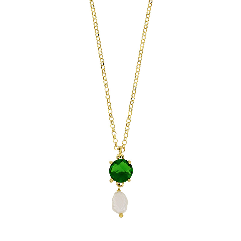 Collier en argent 925/1000 doré serti d'un verre de couleur verte avec perle synthétique