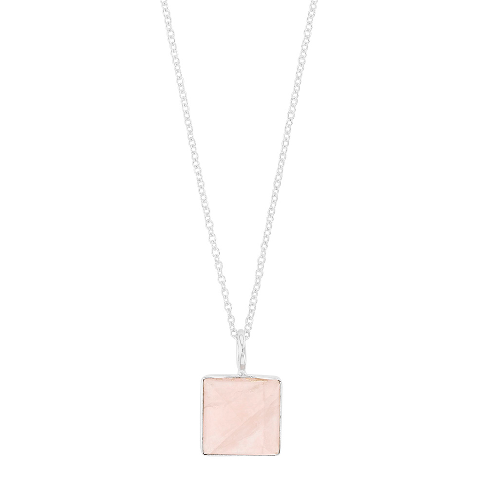 Collier en argent 925/1000 et pendentif forme carré en quartz rose