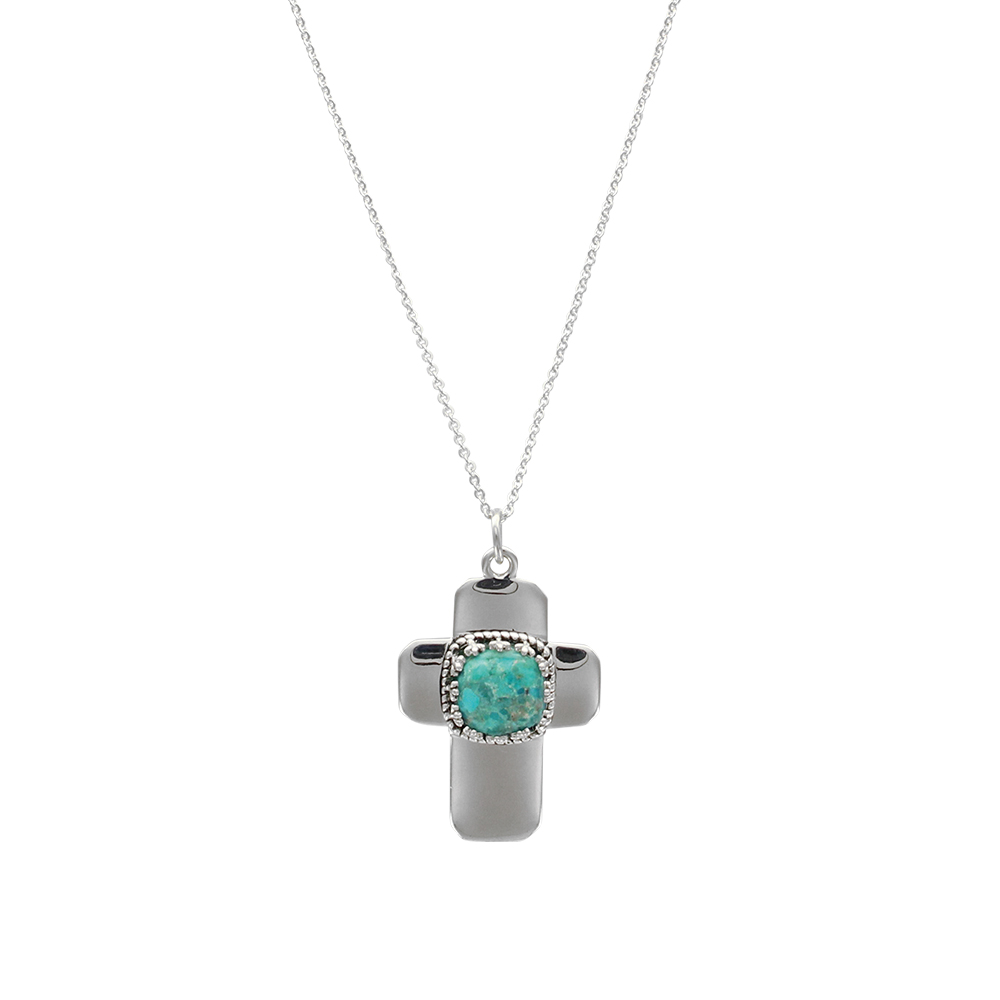 Collier en argent 925/1000 orné d'une croix en turquoise véritable