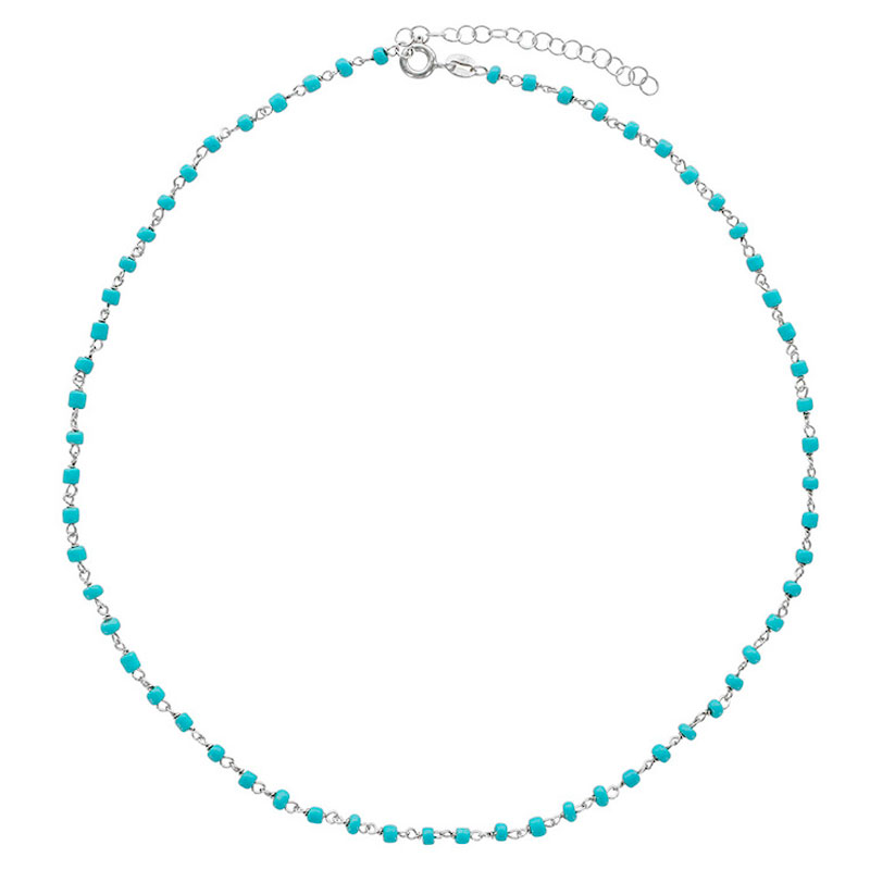 Collier en argent 925/1000 platiné avec perles de verre bleu turquoise