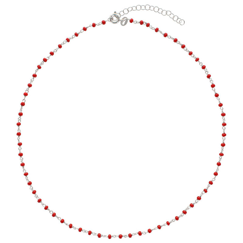 Collier en argent 925/1000 platiné avec perles de verre rouge