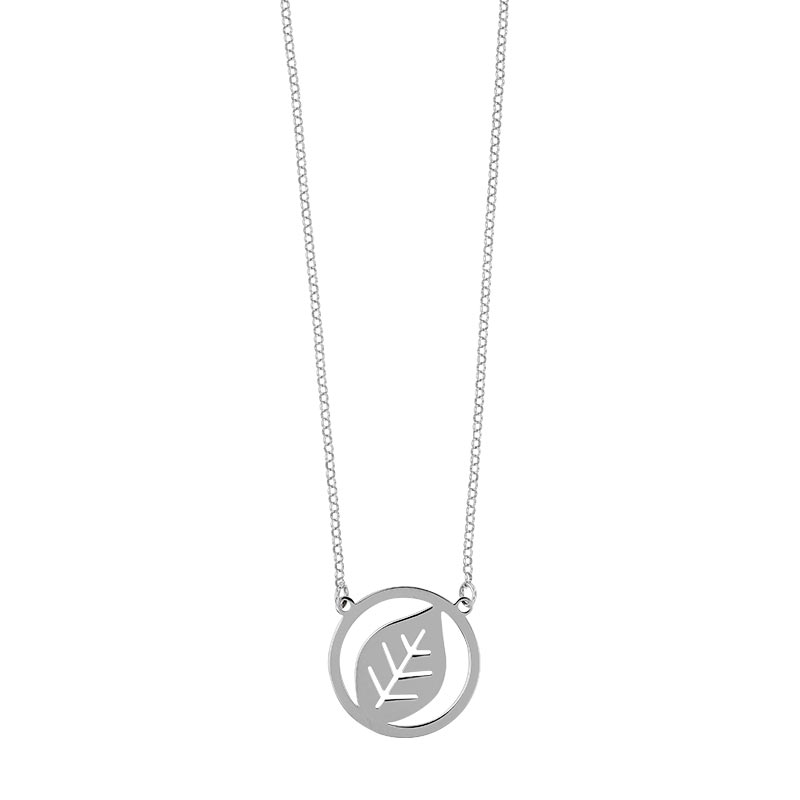 Collier en argent 925/1000 rhodié avec cercle ajouré avec feuille au centre