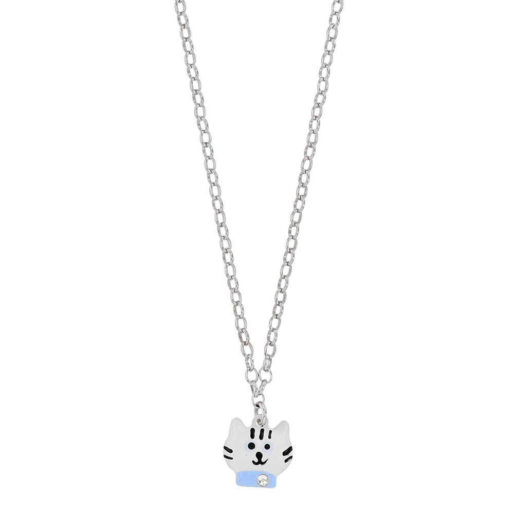 Collier En Argent Rhodie 925 1000 Avec Tete De Chat Blanche Emaille Et Oxyde De Zirconium La Galerie Du Bijou