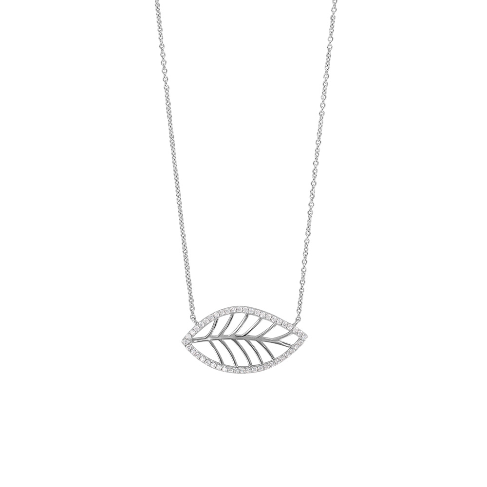 Collier en argent 925/1000 rhodié - Feuille graphique en oxydes de zirconium