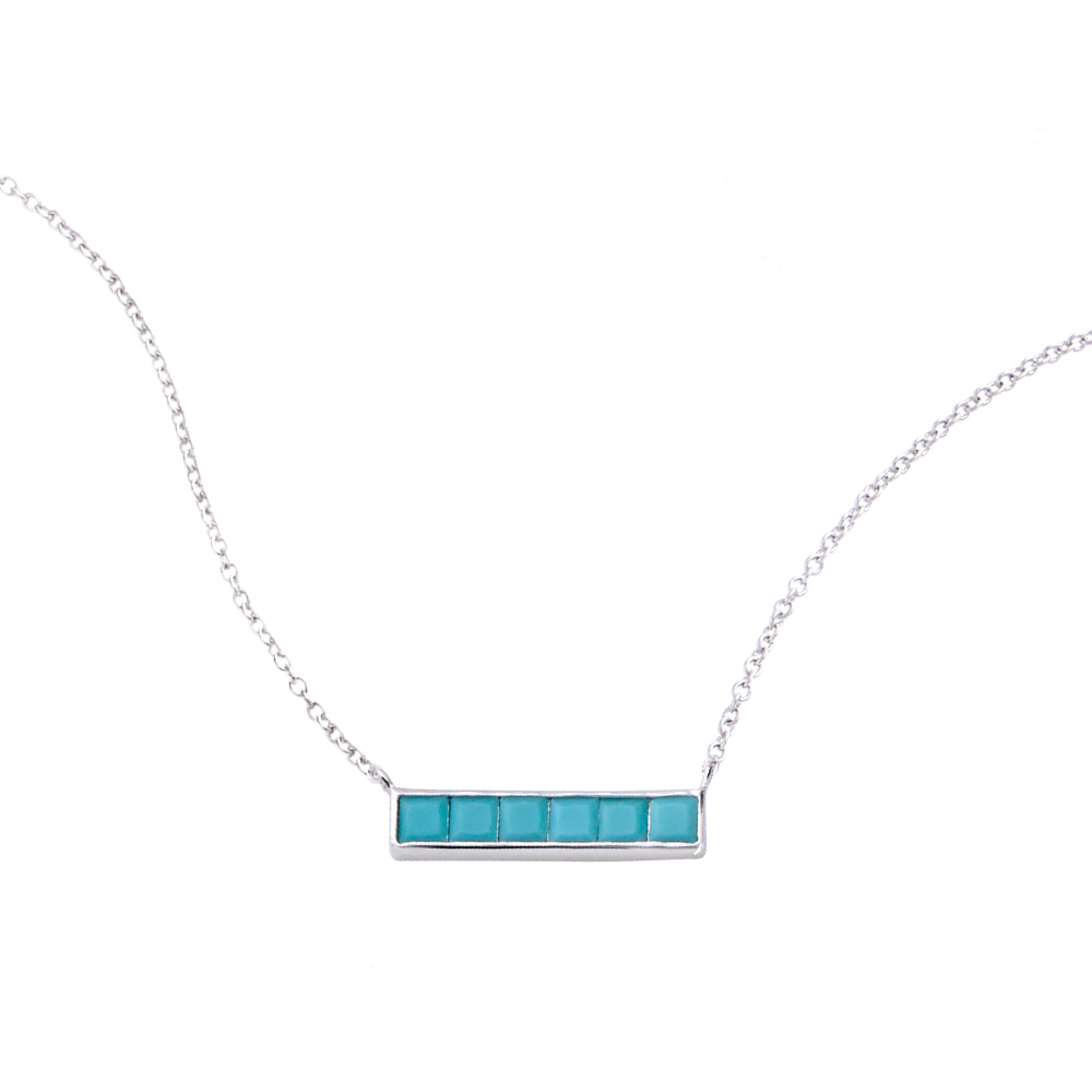 Collier en Argent rhodié 925/1000 ligne de pierres synthétique de couleur turquoise