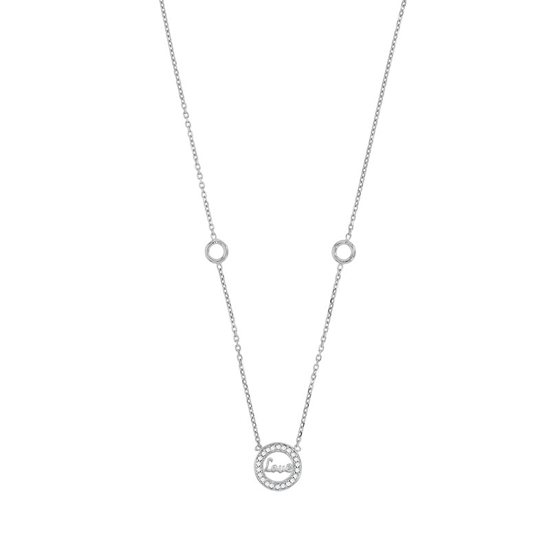 Collier en argent 925/1000 rhodié - Love entouré d'un cercle empierré