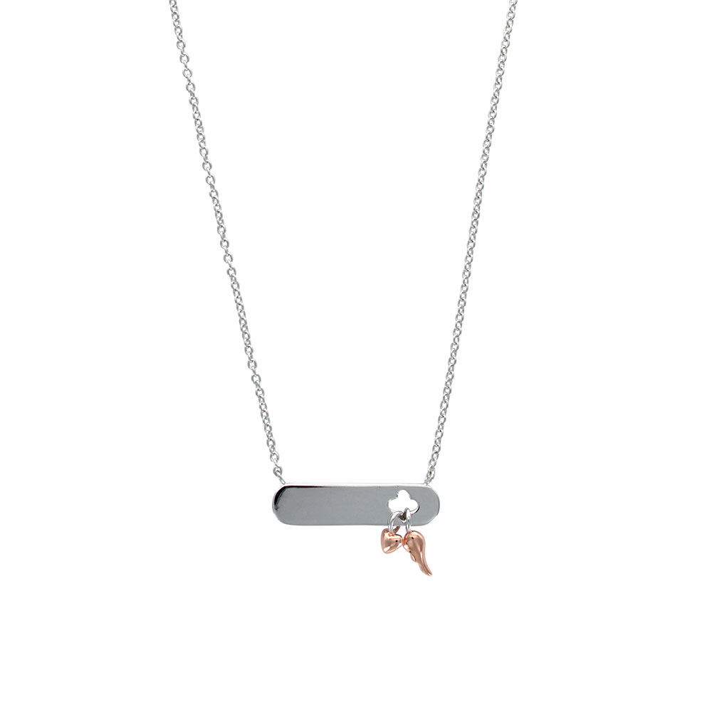 Collier en argent rhodié 925/1000 orné d'un coeur et d'une aile en argent doré rose - à graver