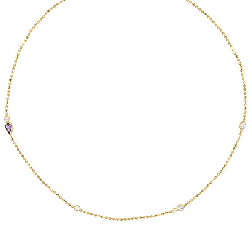 Collier en chaîne boules rondes, oxydes et goutte oxyde de couleur améthyste, argent 925/1000 doré