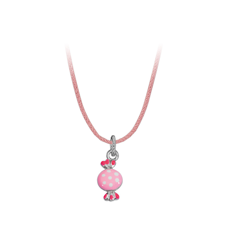 Collier en coton rose avec pendentif bonbon en Argent 925/1000 rhodié et émail