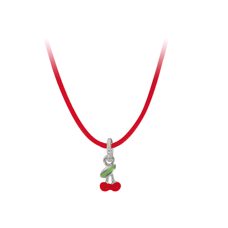 Collier en coton rouge pendentif cerise en Argent 925/1000 rhodié et émail