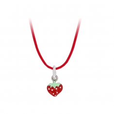 Collier en coton rouge pendentif fraise en Argent 925/1000 rhodié et émail