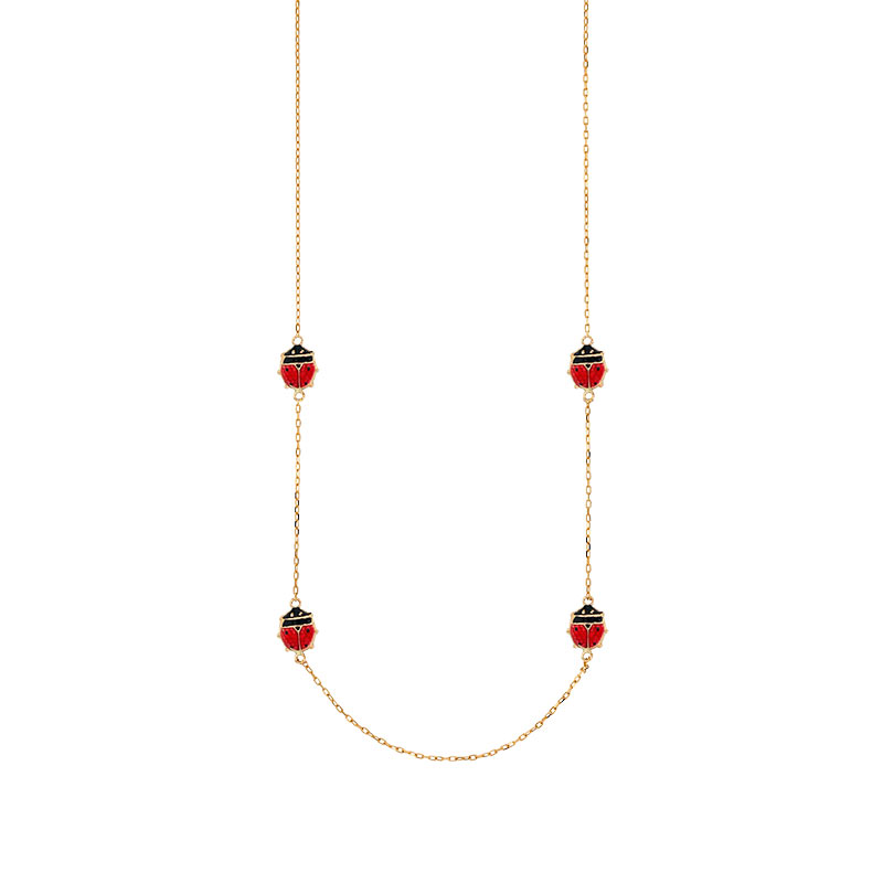 Collier en Or 375/1000 - coccinelles en émail rouge  - 45 cm