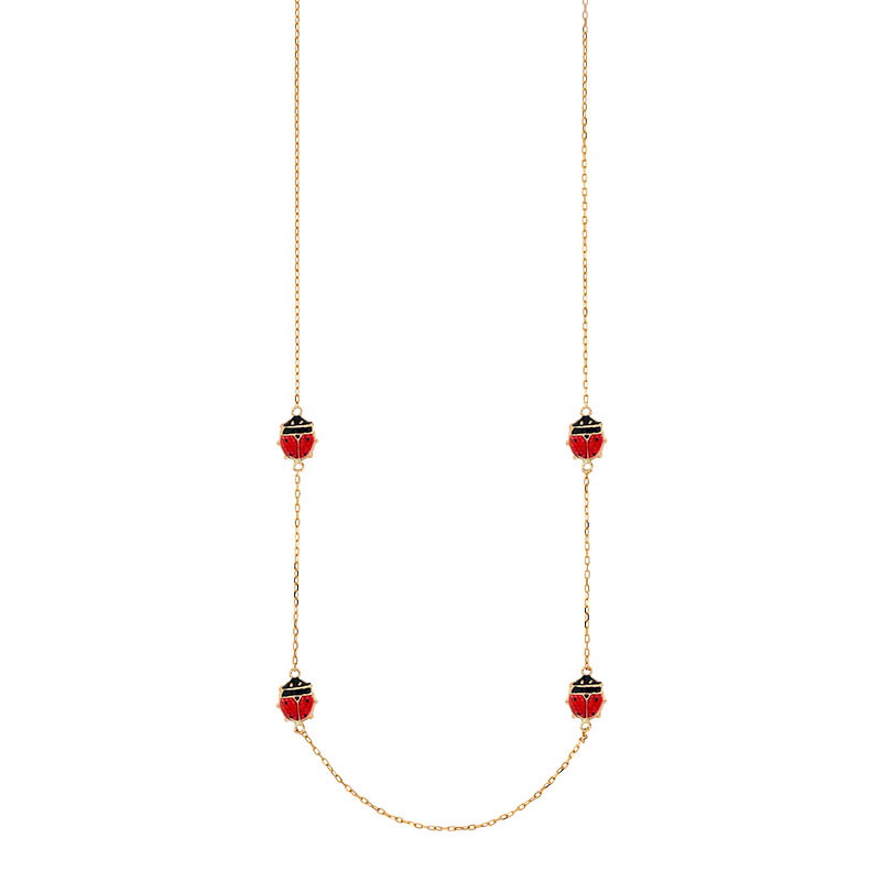 Collier en Or 375/1000 - coccinelles en émail rouge  - 45 cm