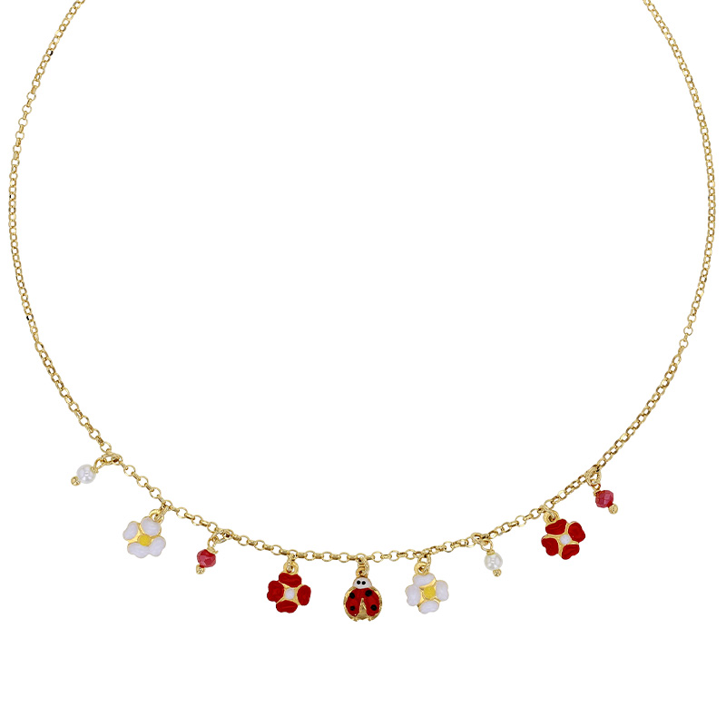 Collier en pampille fleurs et coccinelle rouge et blanc en émail, argent 925/1000 doré
