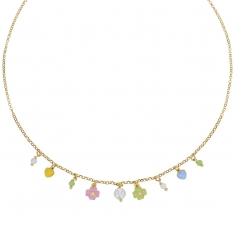 Collier en pampille fleurs et coeurs en émail bleu, vert et rose, argent 925/1000 doré