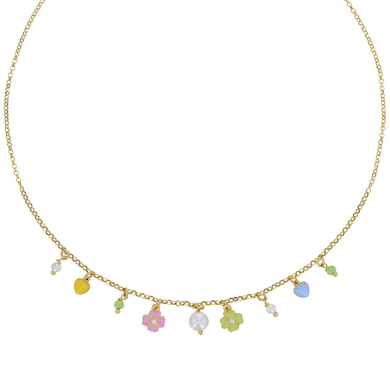 Collier en pampille fleurs et coeurs en émail bleu, vert et rose, argent 925/1000 doré