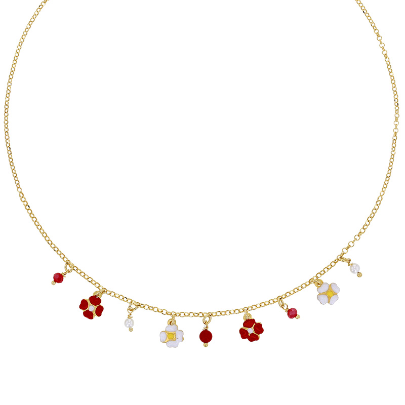 Collier en pampille 4 fleurs rouge et blanc en émail, argent 925/1000 doré