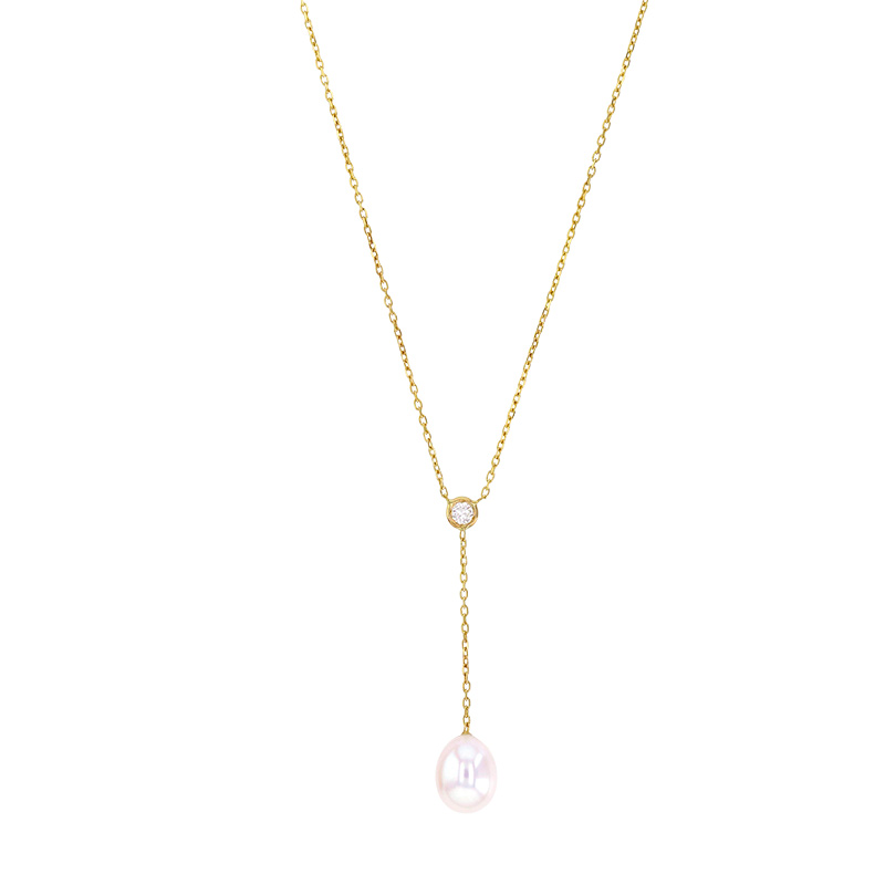 Collier en Y orné d’un diamant de 0,05 ct et d’une perle de culture d’eau douce, Or 375/1000