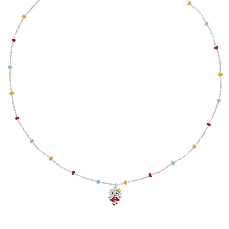 Collier enfant boules et chat en émail jaune rouge blanc bleu argent 925/1000