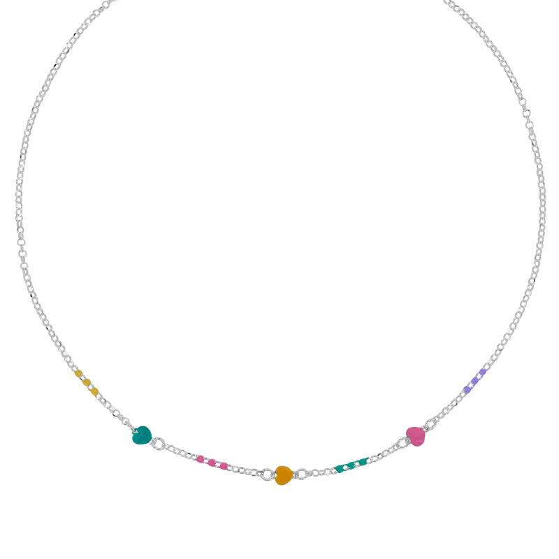 Collier enfant boules et coeurs en émail rose jaune vert d'eau maille jaseron, argent 925/1000