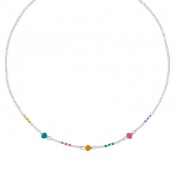 Collier enfant boules et coeurs en émail rose jaune vert d'eau maille jaseron, argent 925/1000