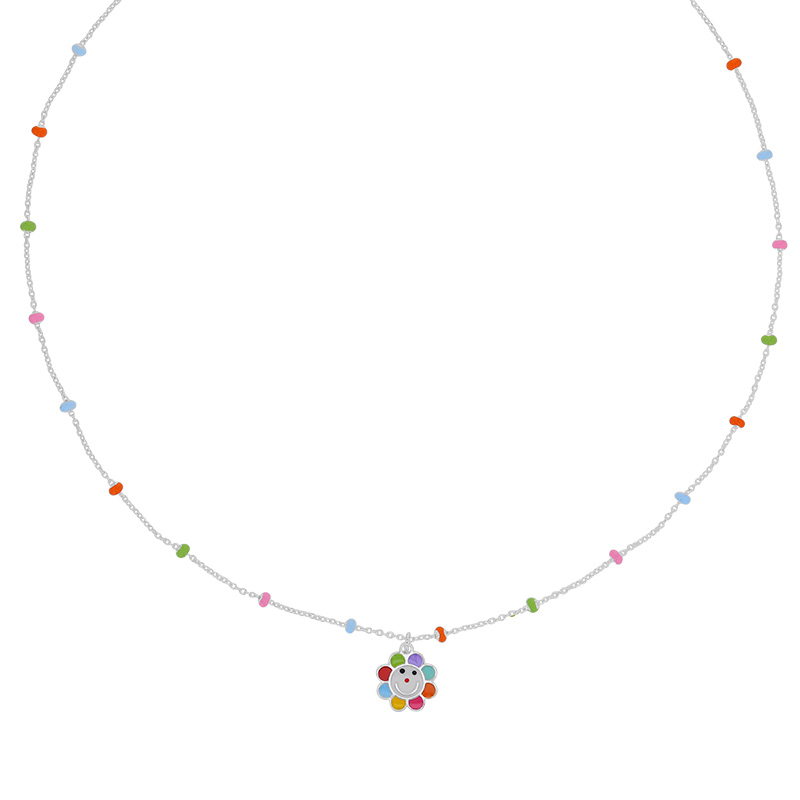 Collier enfant boules et fleur en émail bleu vert rouge orange violet argent 925/1000