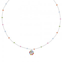 Collier enfant boules et fleur en émail bleu vert rouge orange violet argent 925/1000