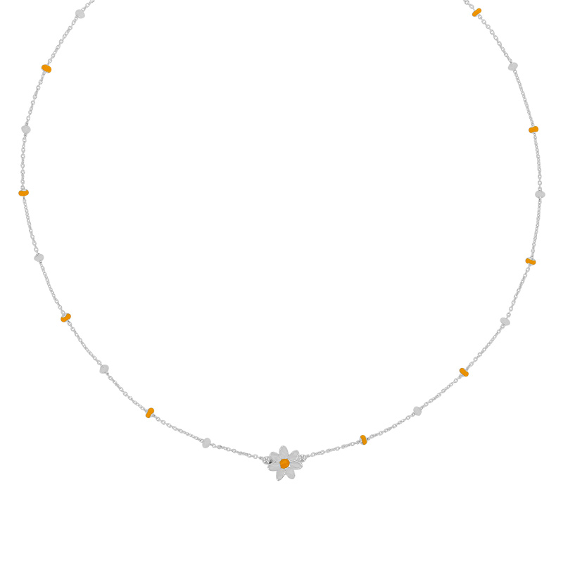 Collier enfant boules et fleur en émail jaune blanc maille forçat, argent 925/1000