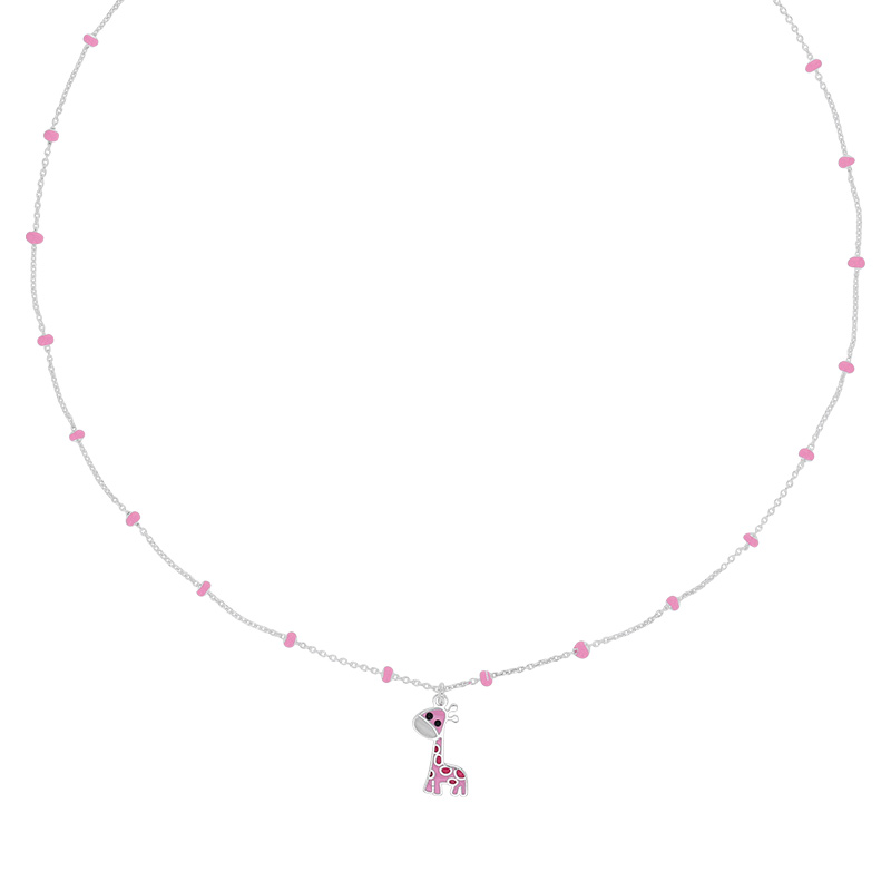 Collier enfant boules et girafe en émail blanc rose rouge maille forçat, argent 925/1000