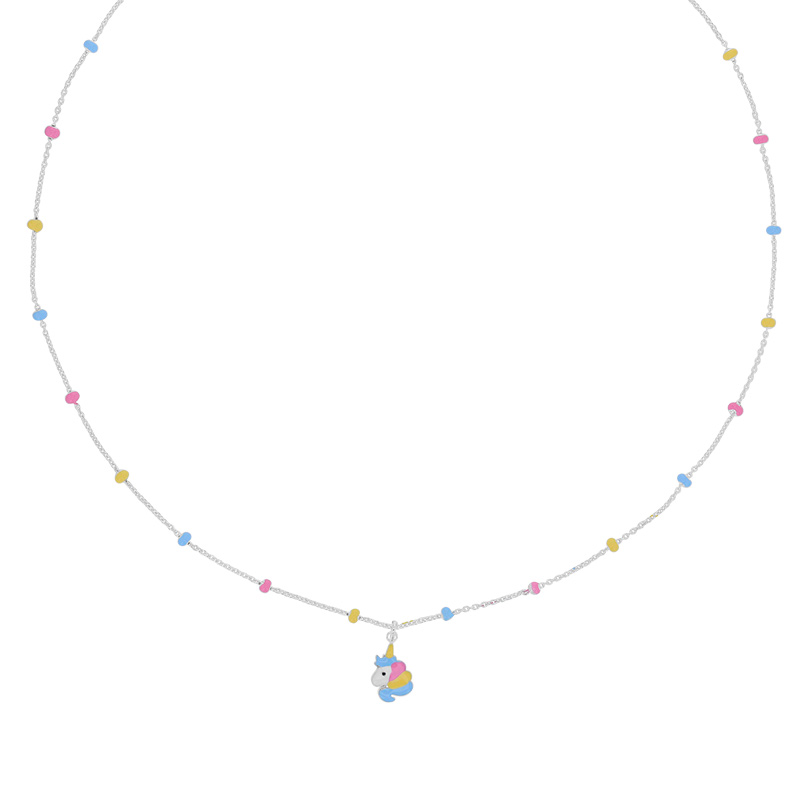 Collier enfant boules et licorne en émail rose bleu jaune argent 925/1000