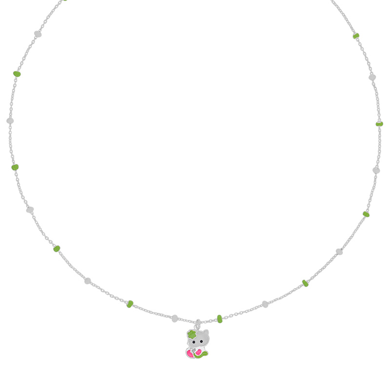 Collier enfant boules et pendentif chat en émail blanc rose vert, maille forçat argent 925/1000
