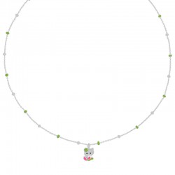 Collier enfant boules et pendentif chat en émail blanc rose vert, maille forçat argent 925/1000