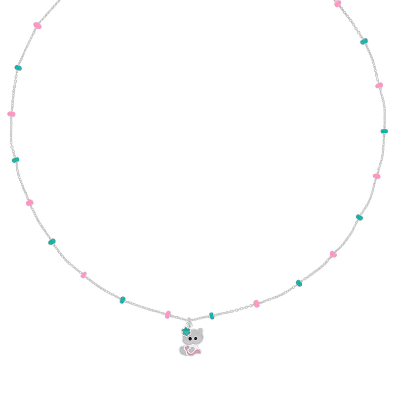 Collier enfant boules et pendentif chat en émail vert rose blanc maille forçat, argent 925/1000