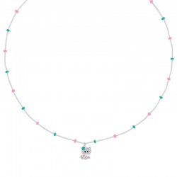 Collier enfant boules et pendentif chat en émail vert rose blanc maille forçat, argent 925/1000