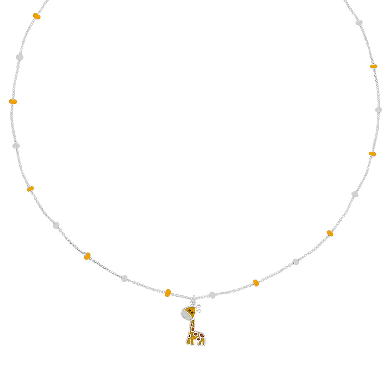 Collier enfant boules et pendentif girafe en émail blanc jaune orange maille forçat, argent 925/1000