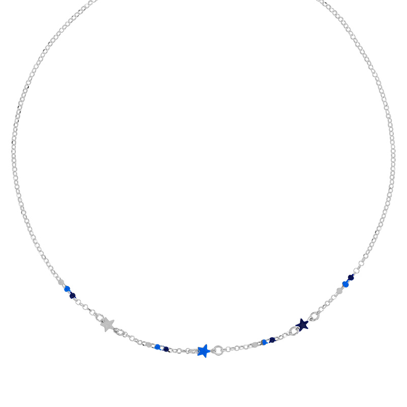 Collier enfant 3 étoiles en émail blanc bleu maille jaseron, argent 925/1000