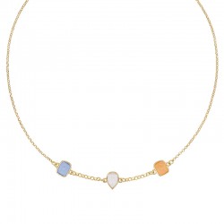 Collier enfant goutte et 2 rectangles en oeil de chat blanc, orange et bleu argent 925/1000 doré