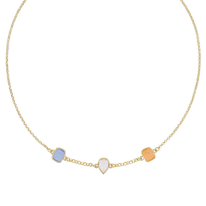 Collier enfant goutte et 2 rectangles en oeil de chat blanc, orange et bleu argent 925/1000 doré