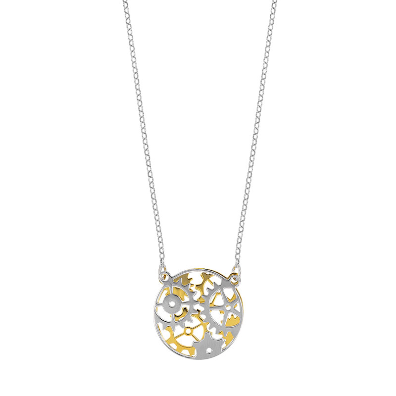 Collier engrenages en argent 925/1000 rhodié et argent 925/1000 doré